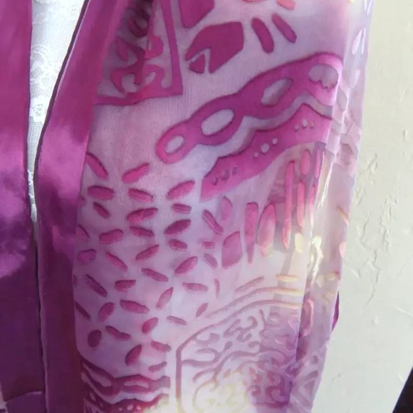 Purple & cream sheer silk & rayon 70" shawl scarf fringed abstract pattern - Picture 6 of 8